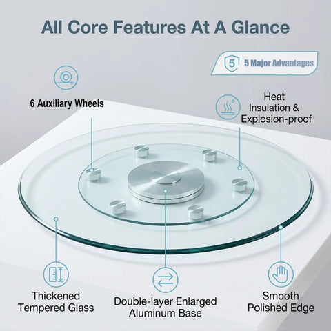 Workhorse Tempered Glass Lazy Susan Turntable with 360 Degree Silent Bearing showing thick glass and aluminum base features.