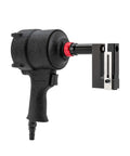 Black 8mm Pneumatic Hole Puncher for Metal Sheets with red accent, showing side view and 360-degree rotating design