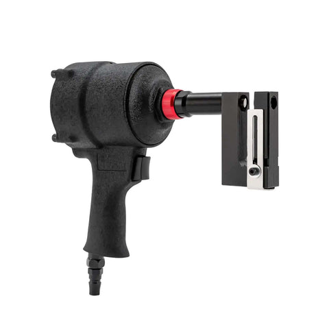 Black 8mm Pneumatic Hole Puncher for Metal Sheets with red accent, showing side view and 360-degree rotating design