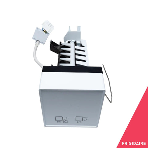 No-Fuss Ice Maker Assembly Kit for Refrigerators White Replacement shown with components and wiring from side view