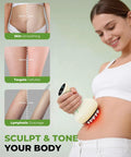 Woman using Chill Out Lymphatic Drainage Massager And Handheld Body Sculpting Machine for body massage with red light.