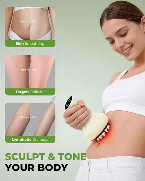 Woman using Chill Out Lymphatic Drainage Massager And Handheld Body Sculpting Machine for body massage with red light.