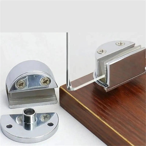 Set of 2 Frameless Glass Cabinet Door Hinges for Bathrooms, Clamp Style, displayed on wooden surface