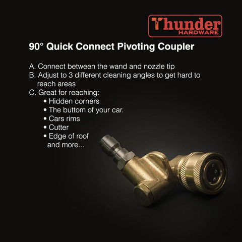 Brass 90-degree quick-connect pivoting pressure-washer coupler with 1/4-inch plug, side view; Thunder Hardware logo visible