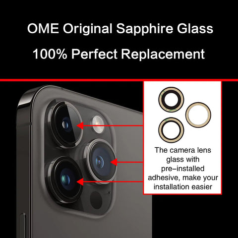 Back Camera Lens Glass Replacement Kit For iPhone 14 Pro Max 6.7 Inch With Preinstalled Adhesive displayed with lens components