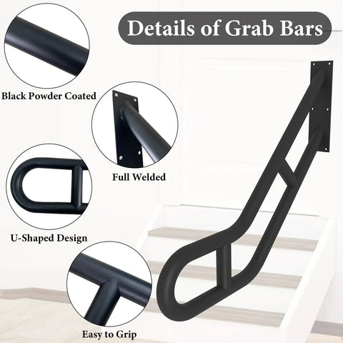 Details of Heavy Duty U Shaped Handrails For Outdoor Steps Built From Solid Wrought Iron With Black Powder Coat, full welded design, easy to grip.