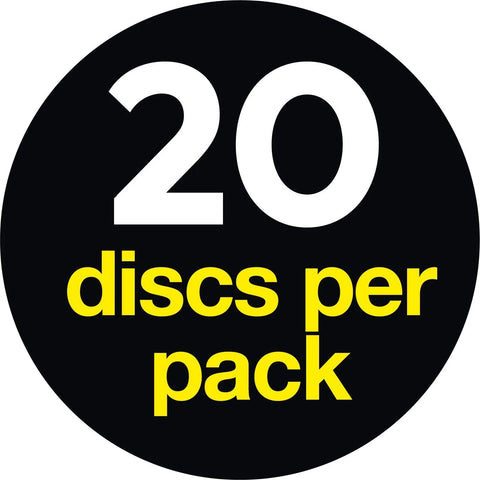 Packaging showing 20 discs per pack for securing wall plugs in oversized holes, ideal for curtain rails, shelves, hooks.