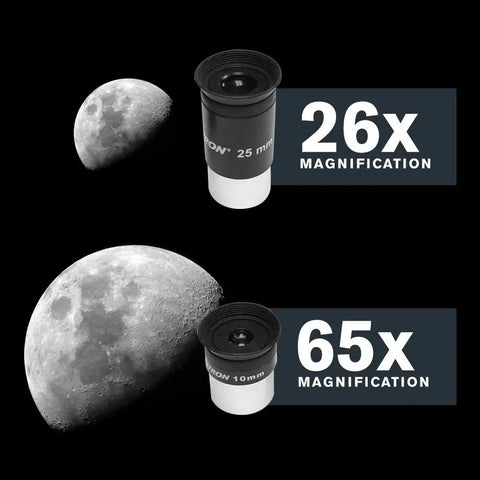 26x and 65x magnification lenses for StarSense Explorer DX 130AZ App Enabled Telescope With Smartphone Dock And StarSense App For Beginners.