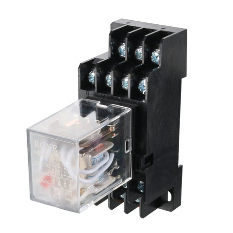 Six Pack AC 110V And 120V 4PDT DIN Rail Power Relay With Socket Set, 14 Terminals, 35mm Mount, Red Indicator, Plastic Shell shown