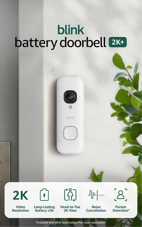 Totally Wire Free Wireless Video Doorbell Camera With Killer 2K Definition And Head To Toe View Featuring Enhanced Audio and Sync Hub on wall.