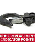 Hook replacement indicator points accessory for hand chain hoist, gray metal hook with latch and mounting block