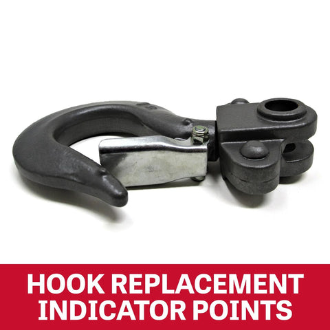 Hook replacement indicator points accessory for hand chain hoist, gray metal hook with latch and mounting block