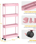 Four Tier Slim Storage Cart With Rolling Wheels For Narrow Gaps And Tight Spaces 38.7 Inch Tall, pink with hooks and removable compartments.