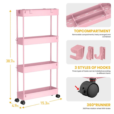 Four Tier Slim Storage Cart With Rolling Wheels For Narrow Gaps And Tight Spaces 38.7 Inch Tall, pink with hooks and removable compartments.