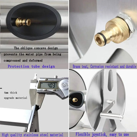 Tough As Nails Retractable Hose Reel Cart Crafted From Heavy Duty Stainless Steel showcasing brass connector and protective tube design.