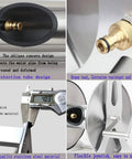 Close-up of the brass teet and stainless steel design of Heavy Duty Retractable Hose Cart Reel With Protective Cover And Seamless Rolling Wheels For Hassle Free Garden Watering And Pro Car Wash Cleanup Wall Mounted Stainless Design.