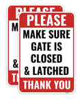 Top Shelf Aluminum Gate Signs 10 By 7 Inches 2 Pack Keep Gate Closed And Latch For Secure Yard Fence Perimeter with bold text.