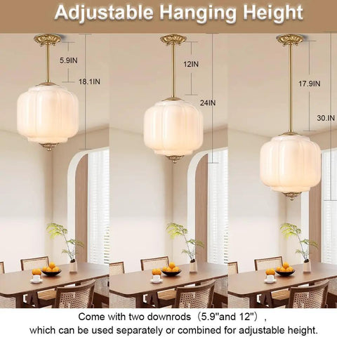 Adjustable height of Straight Up Vintage Milk Glass Ceiling Light Fixture With Antique Brass Dome Shade, showing different mounting options.