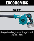 Heavy Hitter 18V Cordless Leaf Blower Featuring Variable Three Speed Control and 219 Mph Air Velocity, compact ergonomic design 20-3/8" long.