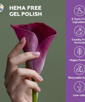 Hand with pink nails holding pink flower, featuring Six Pastel HEMA Free Gel Nail Polish Set With Beige, Light Purple, Cream, Light Green, Mint, And Baby Blue Soak Off UV LED Gel Polish Nail Art Gel DIY Manicure Kit For Gals.