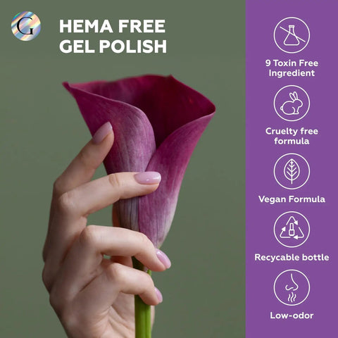 Hand with pink nails holding pink flower, featuring Six Pastel HEMA Free Gel Nail Polish Set With Beige, Light Purple, Cream, Light Green, Mint, And Baby Blue Soak Off UV LED Gel Polish Nail Art Gel DIY Manicure Kit For Gals.
