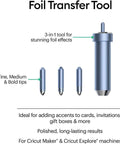 Front view of Cricut foil transfer tool set with blue-silver housing and 3 interchangeable tips (fine, medium, bold)