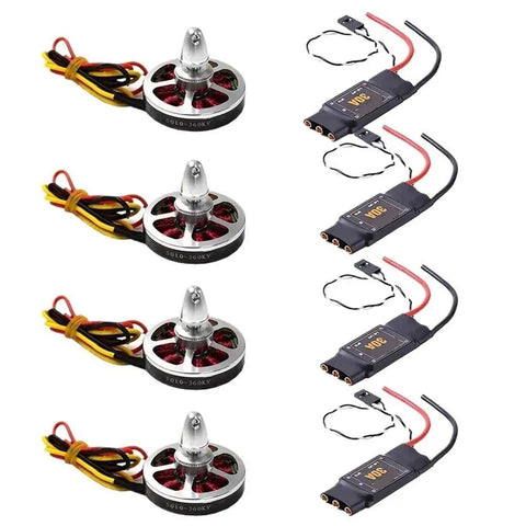 Beefed-Up 360KV And 750KV Brushless Motors Pack with 4-Piece 30A Opto ESCs for 2-4S drones, shown with wiring and connectors.