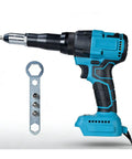 Brushless Cordless Electric Rivet Gun With Two Rechargeable Batteries For Metal Auto Repair And Leather DIY Projects, featuring ergonomic handle and a wrench.