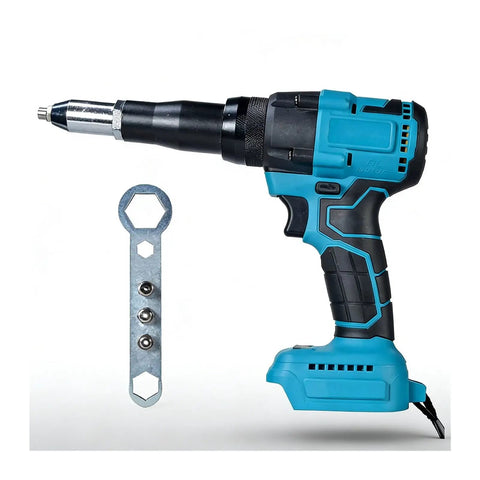 Brushless Cordless Electric Rivet Gun With Two Rechargeable Batteries For Metal Auto Repair And Leather DIY Projects, featuring ergonomic handle and a wrench.