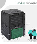 80 Gallon Outdoor Compost Bin Tumbler For Garden Patio And Yard, cube shape with gloves, dimensions marked in inches
