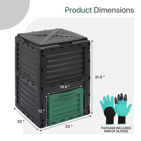 80 Gallon Outdoor Compost Bin Tumbler For Garden Patio And Yard, cube shape with gloves, dimensions marked in inches