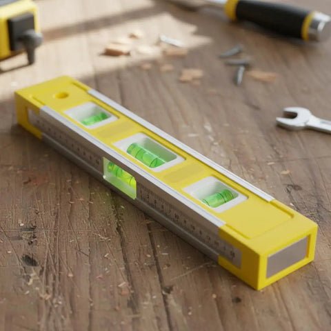 Spirit Level, Anodized Aluminum in yellow, measuring 23cm with bubble vials on wooden surface, ideal for accurate leveling.