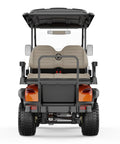 Heavy Duty Four Passenger Electric Shuttle Golf Cart With Ip67 Waterproof Frame viewed from the rear, showing beige seats and vivid orange body.