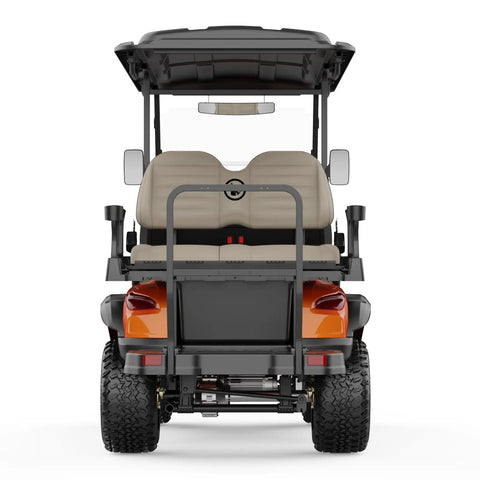 Heavy Duty Four Passenger Electric Shuttle Golf Cart With Ip67 Waterproof Frame viewed from the rear, showing beige seats and vivid orange body.