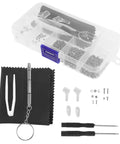 Eyeglass Repair Tools Kit With Screws Nose Pads And Tiny Screwdriver For Quick Glasses Fix On The Go, tools and accessories displayed.