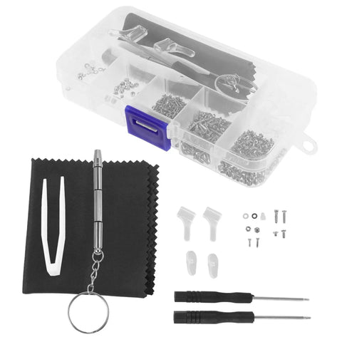 Eyeglass Repair Tools Kit With Screws Nose Pads And Tiny Screwdriver For Quick Glasses Fix On The Go, tools and accessories displayed.