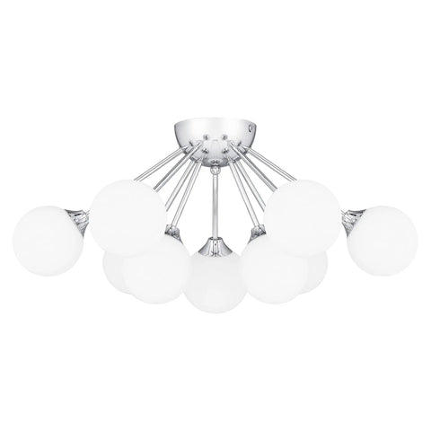 Nine Light Polished Chrome Semi Flush Mount Ceiling Light With Opal Glass Orbs Sleek Modern Mid Century Vibe Damp Location ETL Listed Includes Nine 40 Watt T4 Xenon Bulbs
