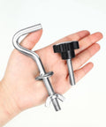 Hand holding metal hook and screw knob from Heavy Duty Hammock Hardware Kit Eight Piece Set With Four Umbrella Screw Knobs And Four Hooks