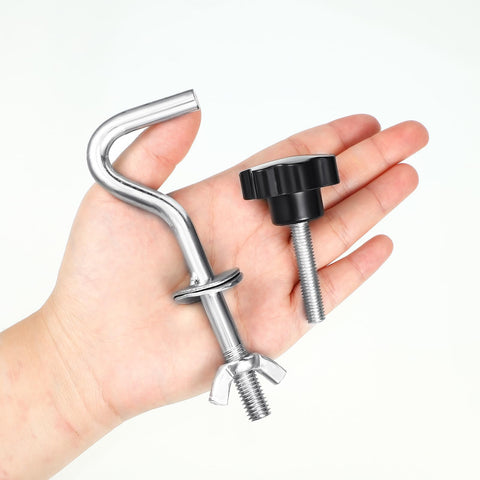 Hand holding metal hook and screw knob from Heavy Duty Hammock Hardware Kit Eight Piece Set With Four Umbrella Screw Knobs And Four Hooks