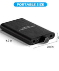 High Power USB-C Headphone Amplifier shown with dimensions 4x2x0.5 inches, portable design includes 3.5mm AUX and Type-C inputs