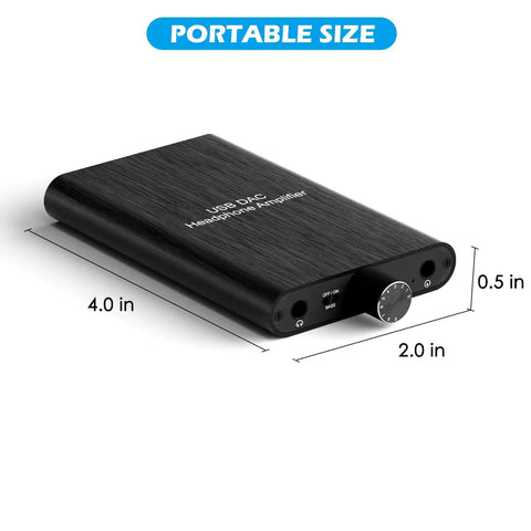 High Power USB-C Headphone Amplifier shown with dimensions 4x2x0.5 inches, portable design includes 3.5mm AUX and Type-C inputs