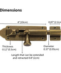 Beefy Barrel Bolt Latch For Barn Doors, 5 Inch Solid Copper Door Lock With Anti Rust Marine Grade Build, dimensions shown