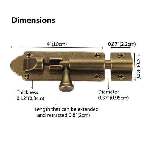 Beefy Barrel Bolt Latch For Barn Doors, 5 Inch Solid Copper Door Lock With Anti Rust Marine Grade Build, dimensions shown