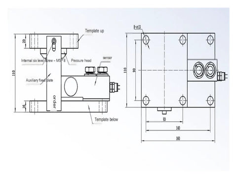 Technical drawing of Heavy Duty Cantilever Beam Load Cell For Tank Hopper Setup Precision Strain Gauge Weighing Sensor.