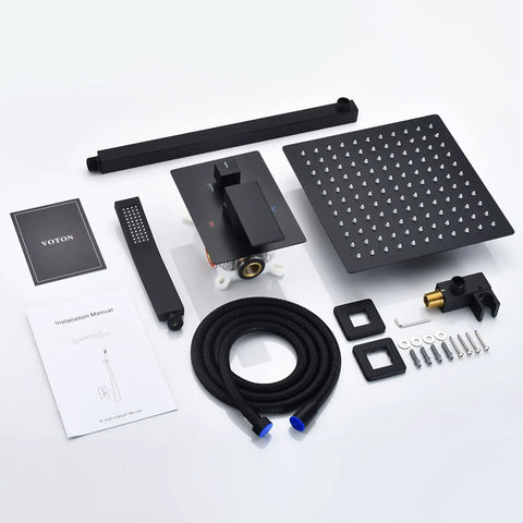 Black 10 Inch Rain Shower System With Wall Mounted Mixer, Luxury Spa Grade Set parts spread out with valve kit and brass faucets.