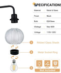 Specifications of TODOLUZ 2-Light Clear Ribbed Glass Wall Sconce Lighting, showcasing black metal finish and glass shade details.