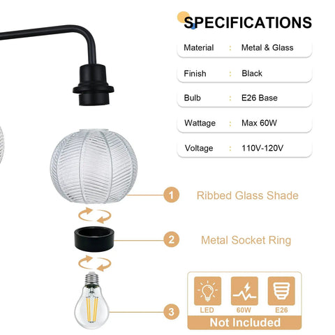 Specifications of TODOLUZ 2-Light Clear Ribbed Glass Wall Sconce Lighting, showcasing black metal finish and glass shade details.
