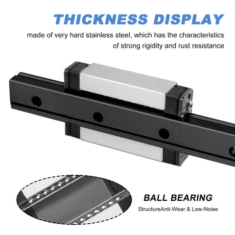 Close-up of MGN12 450mm Linear Rail Guide With MGN12H Bearing Block For DIY 3D Printing, showing thickness and ball bearing detail.