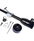Side view of GELUOXI 32-inch tilt steering column with black stainless coating, key and 9-hole adapter.
