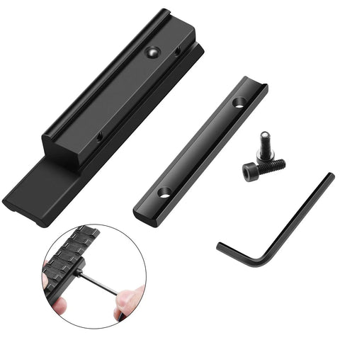 11mm Dovetail To 21mm Picatinny Rail Adapter Mount For Precision Optics, parts layout with screws and hex key.